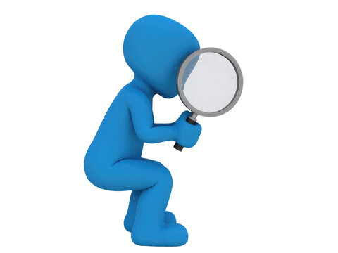 A person examining an object or surface with a handheld magnifying glass, useful for detective or scientist scenes