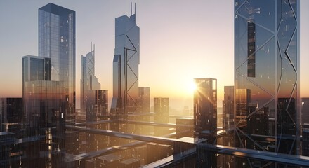 Futuristic city skyline at sunset with glass buildings and modern architecture cityscape illustration