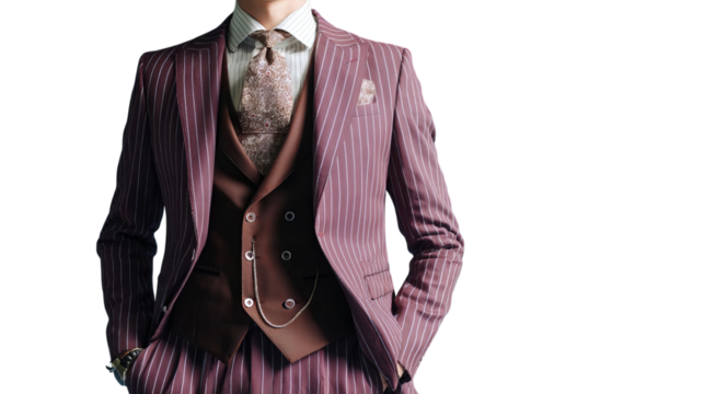 PNG of A stylish Asian man in a tailored burgundy pinstripe suit, exuding elegance and confidence.