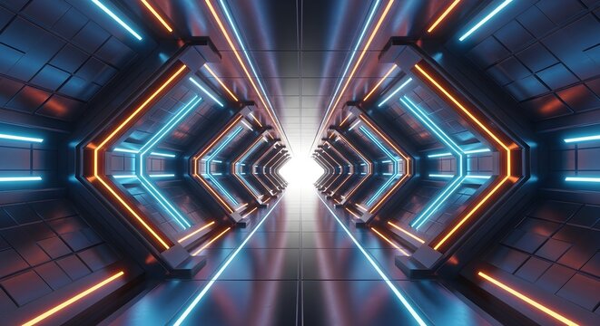 Futuristic tunnel background neon lights glowing corridor space technology abstract sci fi wallpaper design