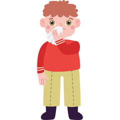 Child Holding Tissue To Nose With Red Sweater Tan Pants And Dark Shoes On Transparent Background
