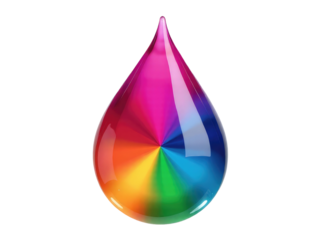 A single rainbow-colored water droplet on a white background