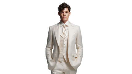 PNG of Stylish young male model in a cream-colored three-piece suit, exuding elegance and sophistication.