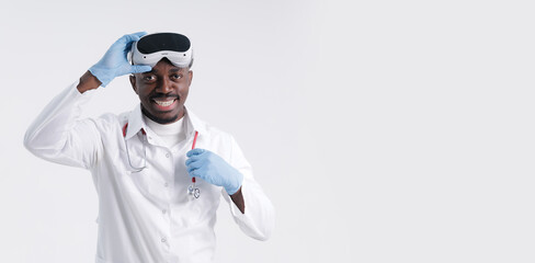 African adult male doctor in lab coat using virtual reality headset. Futuristic interactive med technology AI assistant for data analysis concept.