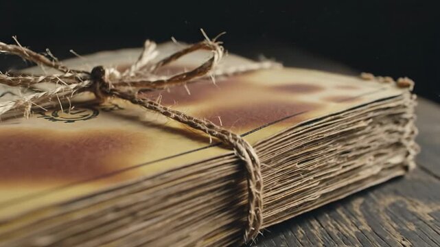 Vintage stack of aged paper tied with twine on a rustic wooden surface