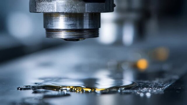 Closeup of advanced lubrication system using nanooil droplets to reduce friction on metal surfaces highlighting cuttingedge engineering solutions.