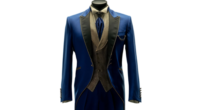 PNG of Elegant blue tuxedo displayed on a mannequin, showcasing sophisticated design and stylish detailing.