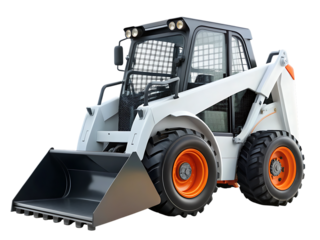 White skid steer loader, with black cab and orange wheels viewed from the side, cutout, PNG, isolated on white or transparent background, AI