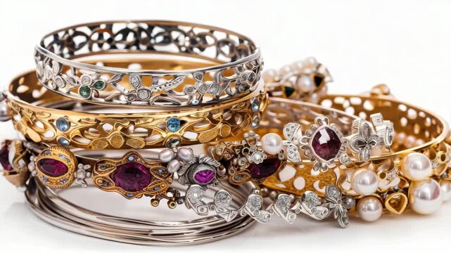 Colorful pile of bangle bracelets featuring pearls, gemstones, and metallic designs. High-resolution suitable for fashion and accessories.