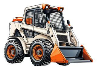 Monochrome white and orange skid steer loader, with heavy duty tires and bucket, cutout, PNG, isolated on white or transparent background, AI