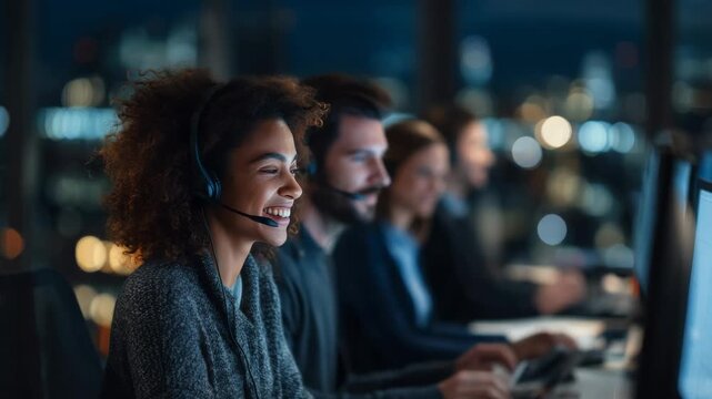 Customer service representatives working late at night in a modern office - Powered by Adobe