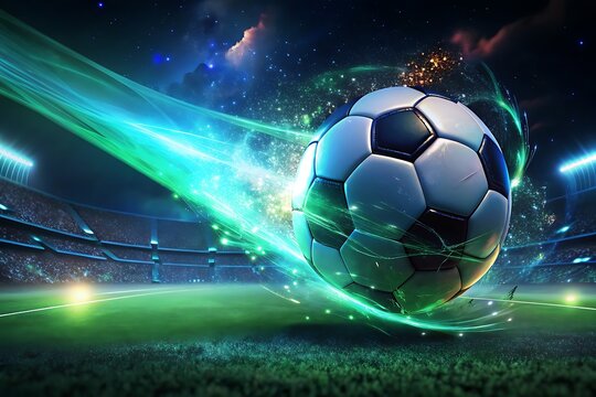 Dynamic Soccer Ball In Neon Stadium Lights With Glowing Trails And High-Energy Action

 - Powered by Adobe