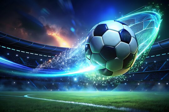 Dynamic Soccer Ball In Neon Stadium Lights With Glowing Trails And High-Energy Action

