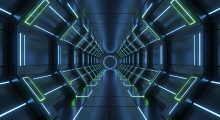 Futuristic neon tunnel abstract background for sci fi and technology concept with glowing light effect