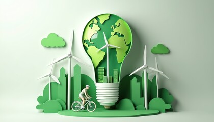 Green energy concept with globe in lightbulb. Wind turbines and city buildings promote eco friendly power. Person cycles bike, suggesting sustainable transport. Clean planet future.