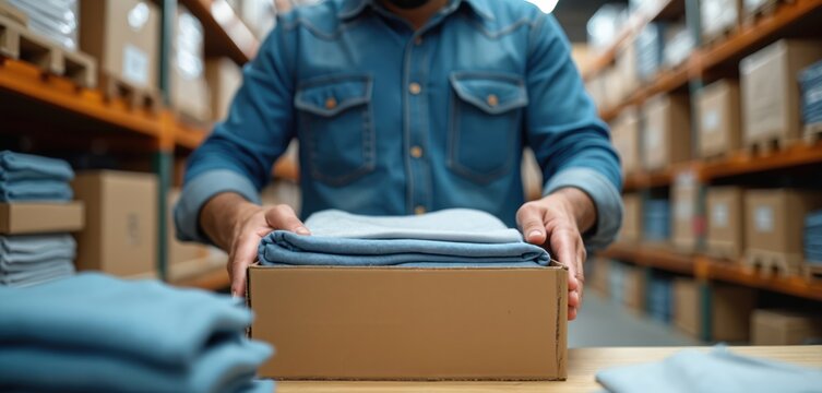 Man folds clean clothes into a cardboard shipping box in a warehouse full of shelves and packages. He prepares apparel for e-commerce orders, retail fulfillment, and shipment.