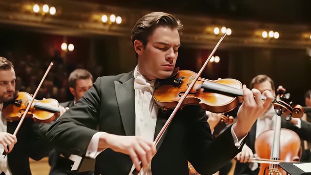 Man playing violin amidst lively orchestra in formal attire, exuding sophistication and elegance, capturing refined culture and artistic expression, ideal for luxury brand advertising or upscale.