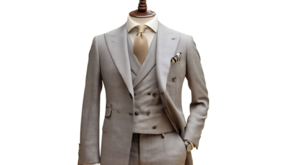 PNG of Elegant tailored grey suit with a vest, perfect for formal occasions or business settings.
