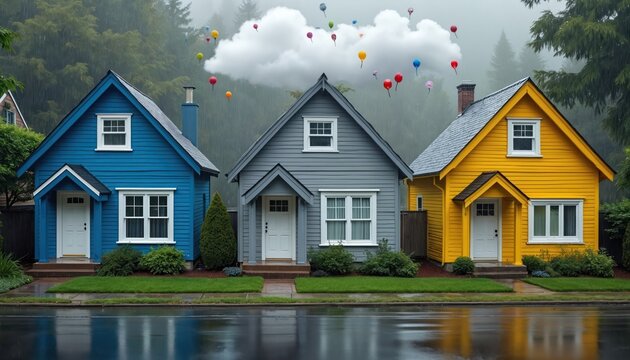 Three colorful houses stand side-by-side under a rainy sky with balloons floating above. The wet street reflects the cheerful but stormy weather. Each home offers a distinct facade.
