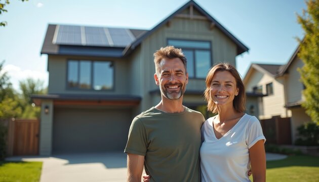 Happy couple smiles in front of new modern home. House has solar panels on roof. Man and woman are in love. Real estate concept for new home buyers.