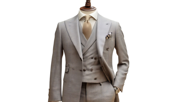PNG of Elegant tailored grey suit with a vest, perfect for formal occasions or business settings.