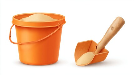 Orange bucket and scoop with sand, isolated vector image.