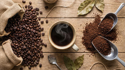 A flat-lay image of a cup of freshly brewed steaming hot coffee flanked by ground coffee beans and whole coffee beans. Wooden tabletop. Morning aroma.