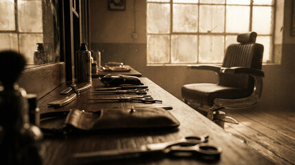 Nostalgic barber shop interior showcasing a vintage chair and grooming tools on a wooden counter, perfect for decor or advertising.