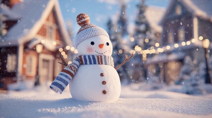 Obraz premium Snowman wearing a striped scarf and hat in a winter wonderland with festive lights