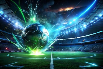 Dynamic Neon Soccer Ball Strike in Futuristic Stadium Under Night Sky Lights


