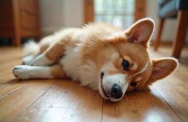 Adorable welsh corgi pembroke dog lies on wooden floor indoors. Fluffy cute dog rests lazily with outstretched body at home. Lovely animal concept, domestic pet relax.