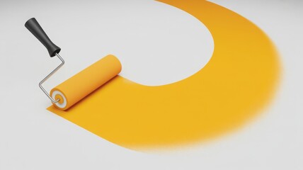 A Paint roller creates a stroke of yellow color on surface. Paint roller applies yellow color on canvas