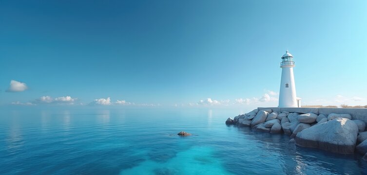 White lighthouse on rocky coast. Calm ocean water reflects clear blue sky. Nautical beacon stands guard on island shore. Peaceful scene near water. - Powered by Adobe
