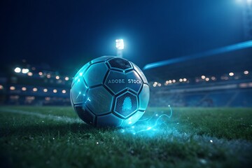 Blue Neon Soccer Ball On Night Stadium Field Under Bright Floodlights

