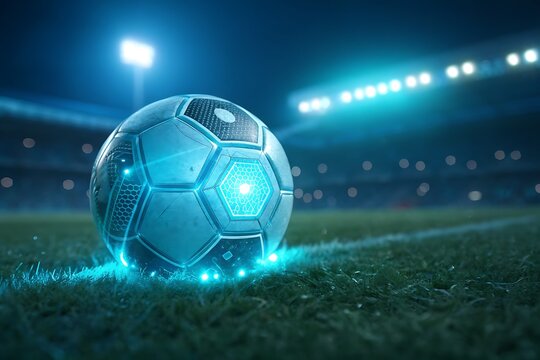 Blue Neon Soccer Ball On Night Stadium Field Under Bright Floodlights

 - Powered by Adobe