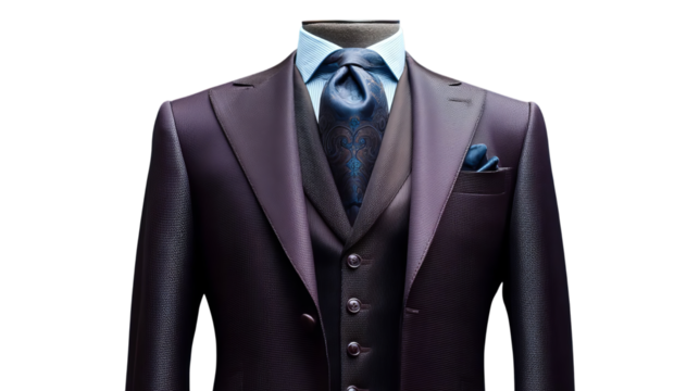 PNG of Elegant men's suit featuring a rich purple hue, tailored fit, and sophisticated accessories.