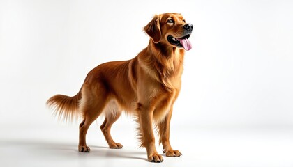 Golden retriever dog stands on white background. Shiny fur coat bright light. Friendly dog portrait, attentive look, panting slightly, ears alert. Purebred pet side view.