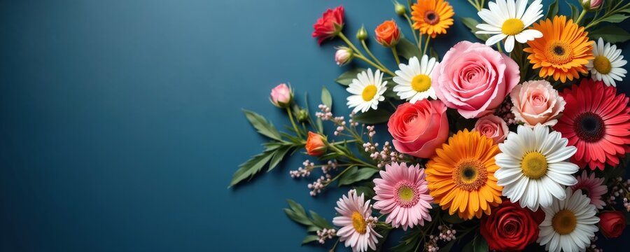 Artistic shot of various flowers on a dark blue backdrop. Roses daisies and other blooms create a beautiful floral arrangement. This photo is great for design projects - Powered by Adobe