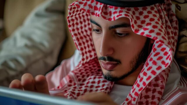 Close-up of man wearing headscarf and agal looking at a book.