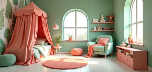 Childrens bedroom interior features mint green walls, coral accents, canopy bed, armchair, leaf patterned wallpaper. Cozy pastel nursery room design with natural light creating inviting space for