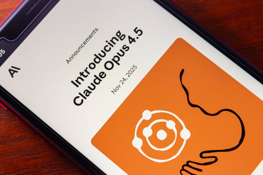 Quito, ECUADOR - Nov 25 2025 : Smartphone screen showing Claude Opus 4.5 AI release on November 24, 2025, with branding and interface in focus.
