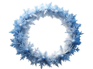 Circular wreath, composed of delicate ice crystals and frosted blue ornaments, cutout, PNG, isolated on white or transparent background, AI