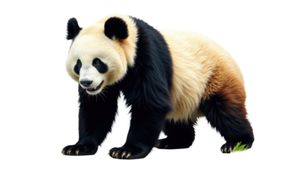Close-up shot of a panda bear sitting on a white background, looking directly at the camera