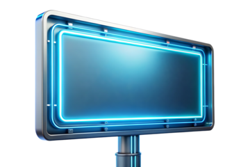 Futuristic digital glowing signboard, with neon blue light accents and a metallic frame, cutout, PNG, isolated on white or transparent background, AI