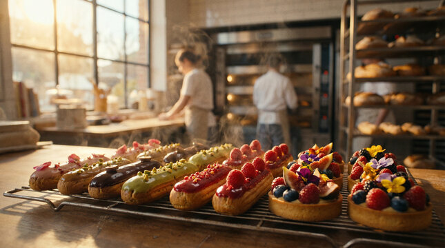 Colorful pastries on a cooling rack create a warm bakery atmosphere, perfect for food blogs or culinary ads.