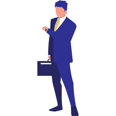 Business Man In Blue Suit Yellow Tie Holding Briefcase Looking At Wristwatch Isolated On White Background