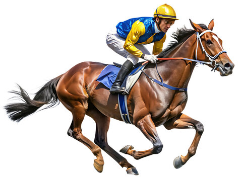 Jockey in yellow and blue silks, riding a galloping brown racehorse with a flowing mane, cutout, PNG, isolated on white or transparent background, AI