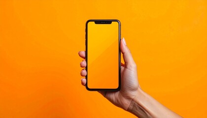 Hand holding smartphone against bright orange background with an empty orange screen and placeholder design. Ideal for showcasing mobile apps, UI/UX concepts, and digital branding presentations.