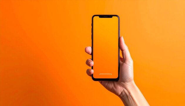 Hand holding smartphone against bright orange background with an empty orange screen and placeholder design. Ideal for showcasing mobile apps, UI/UX concepts, and digital branding presentations.