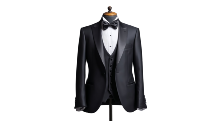 PNG of Elegant black tuxedo with bow tie on display, perfect for formal occasions.